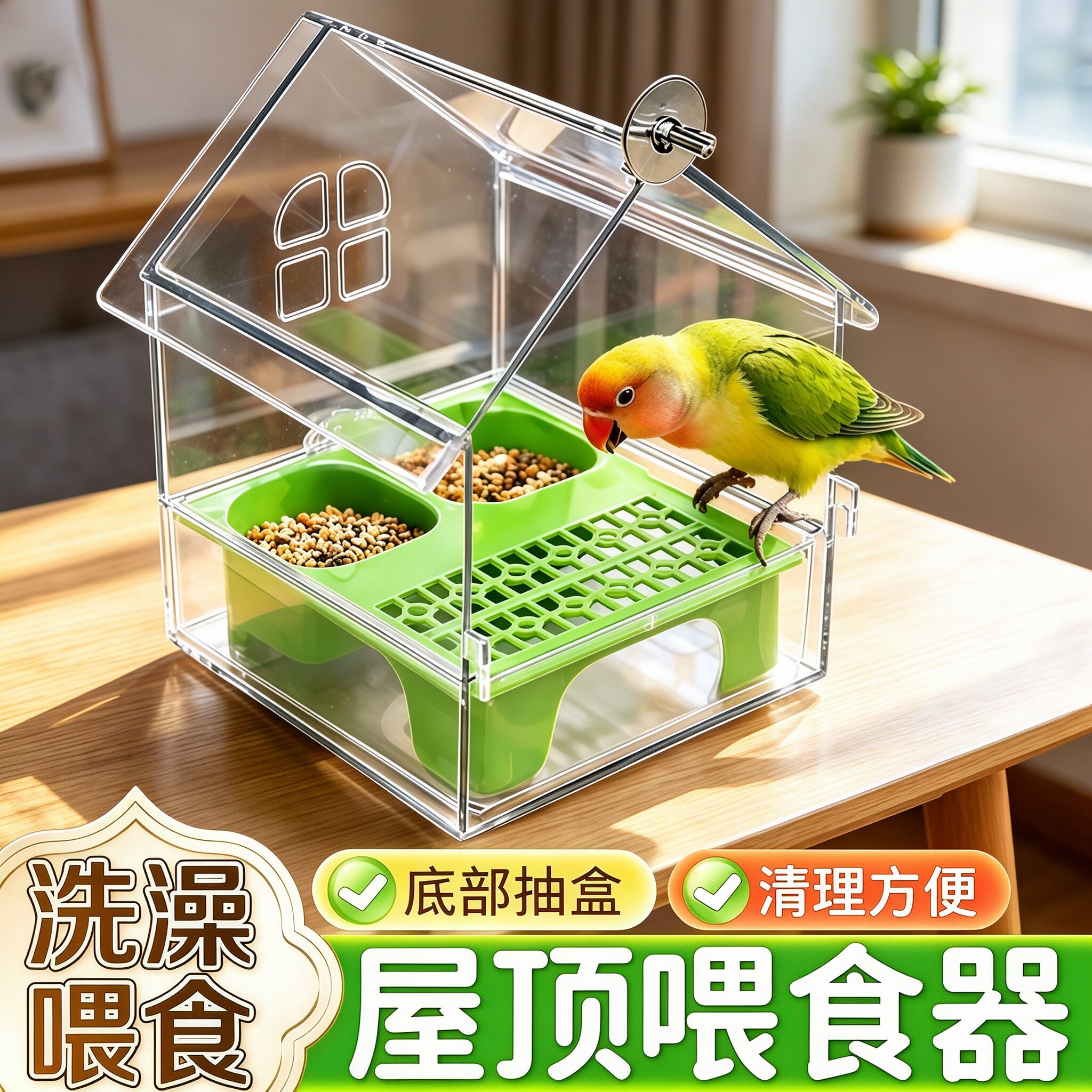 屋顶透明防溅外挂鹦鹉喂食器