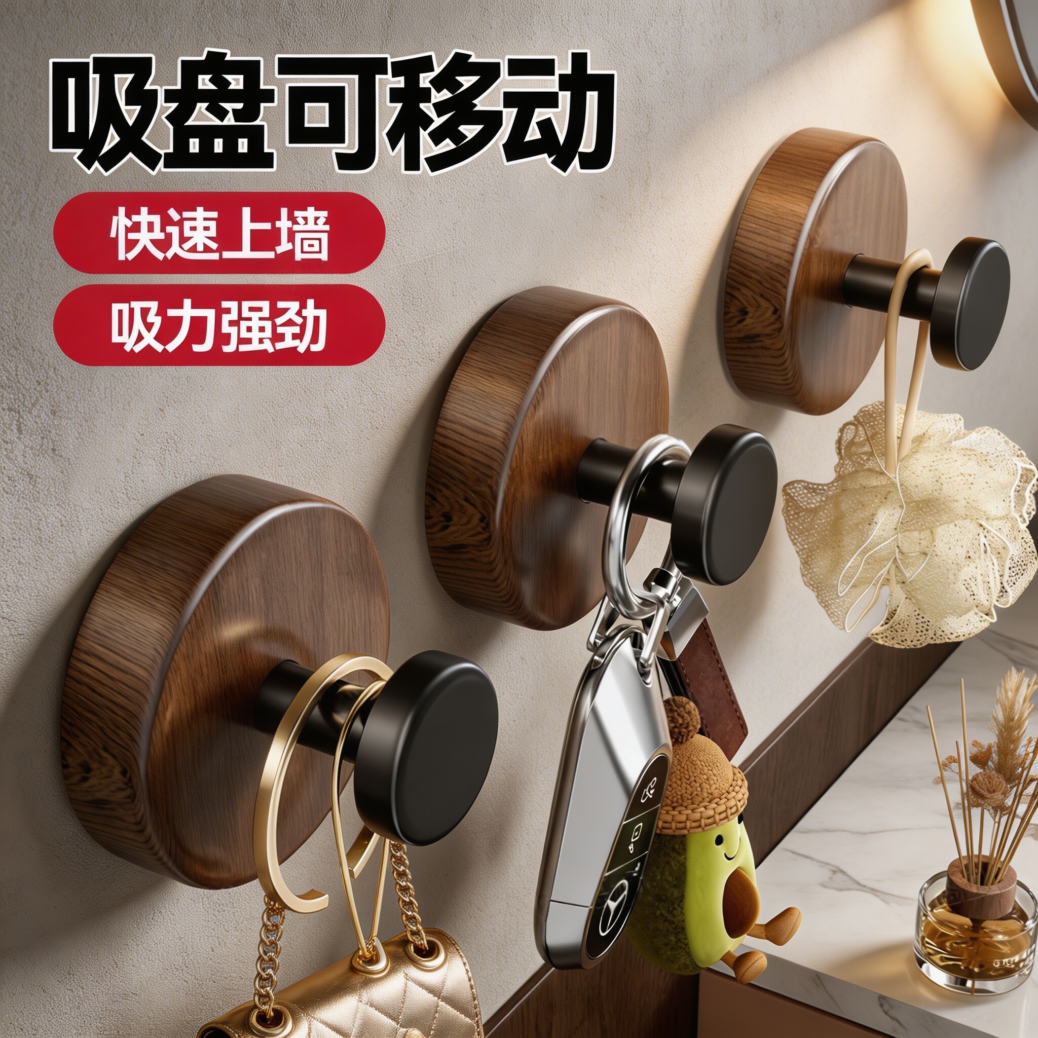 胡桃木纹吸盘旋钮挂钩壁挂式