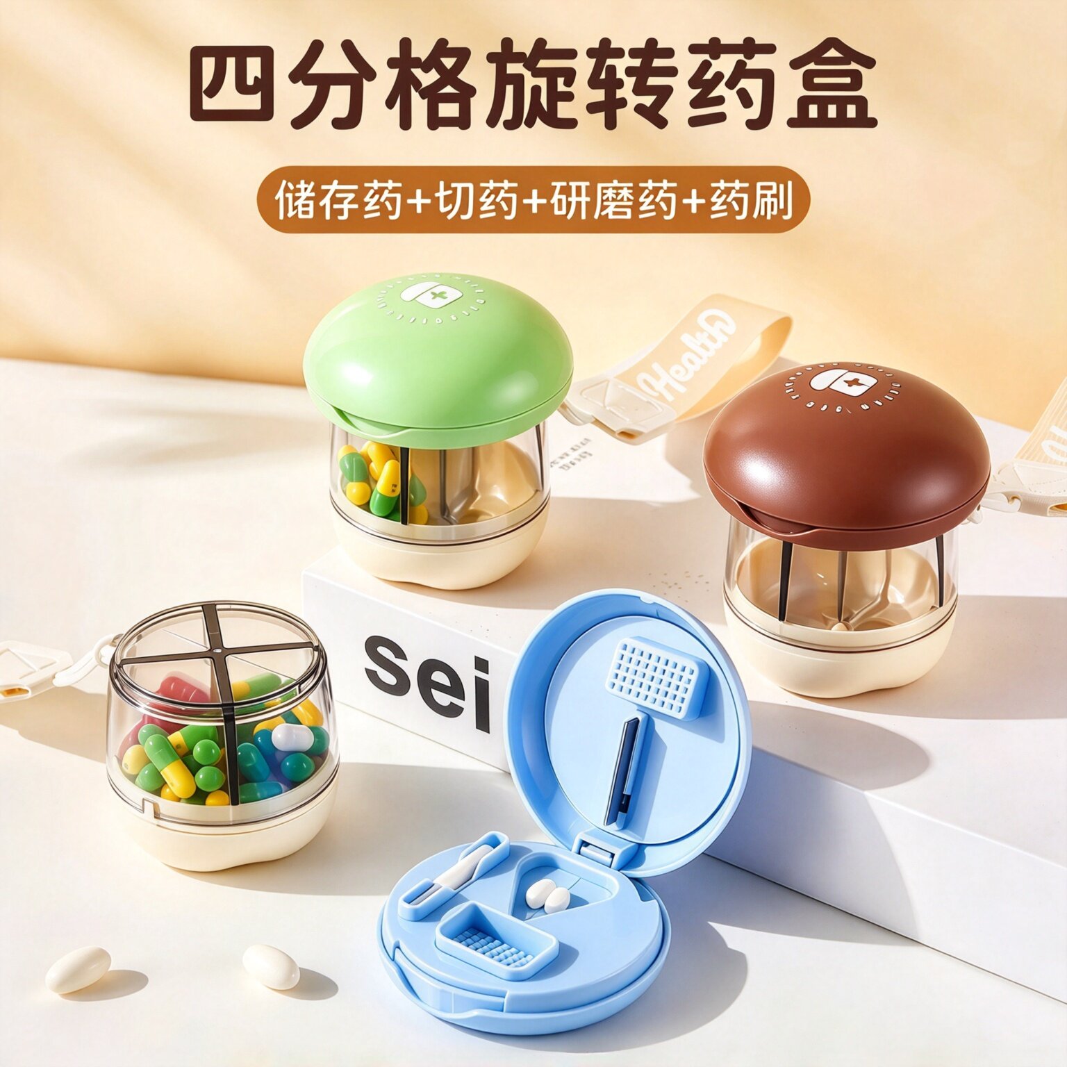 便携蘑菇药盒四格旋转带切药器