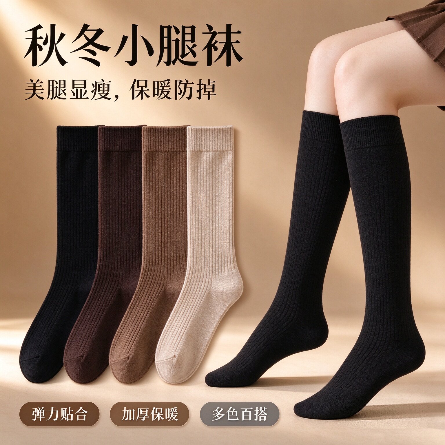秋冬女加绒防滑显瘦小腿袜