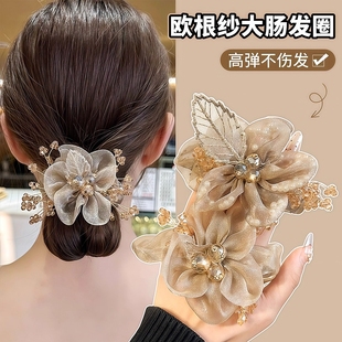 轻奢欧根纱烫钻满天星大肠发圈高颜值头绳扎头皮筋头花爆款 发饰女