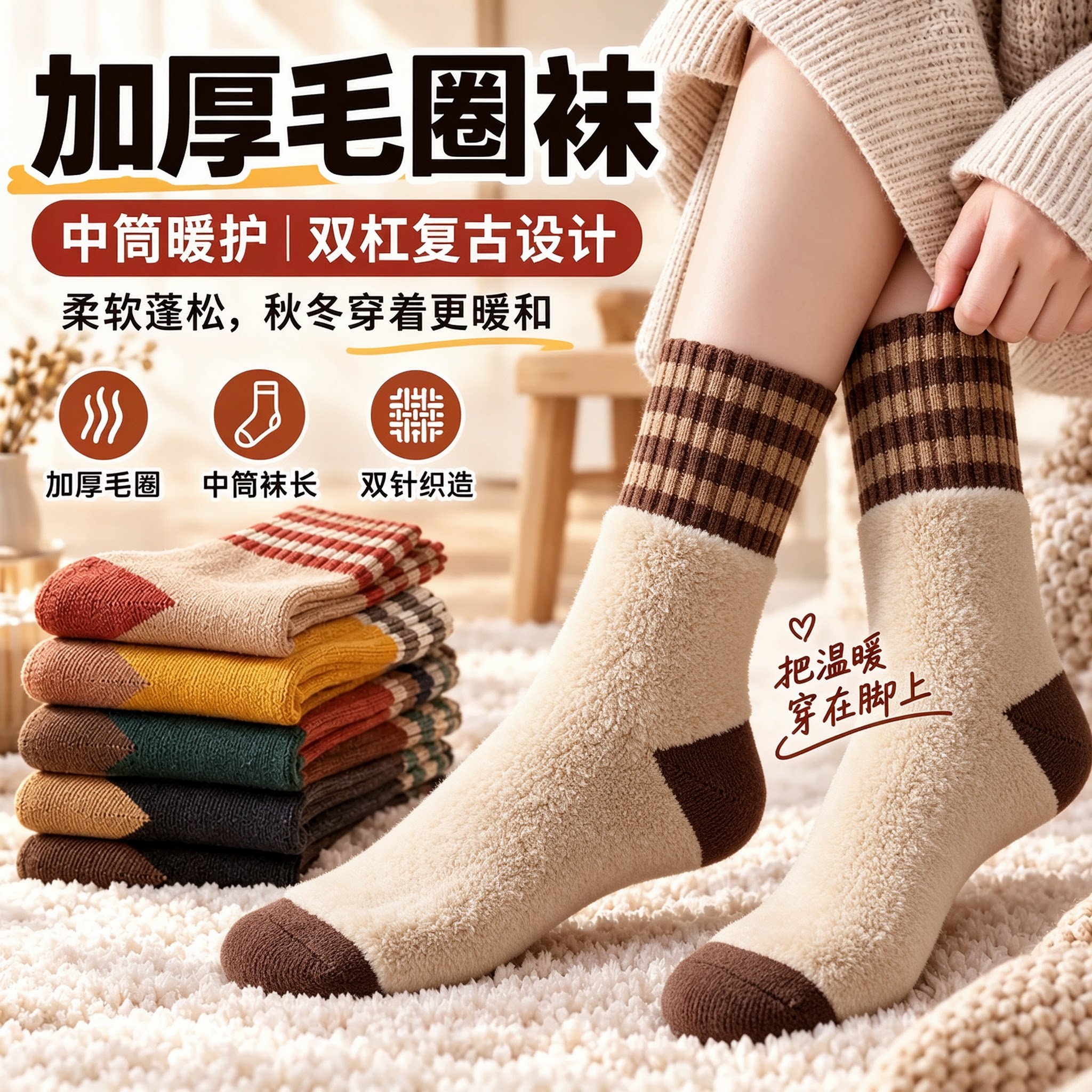 秋冬毛圈袜女加绒加厚中筒袜男士抗寒保暖毛巾袜黑色长袜成人袜子