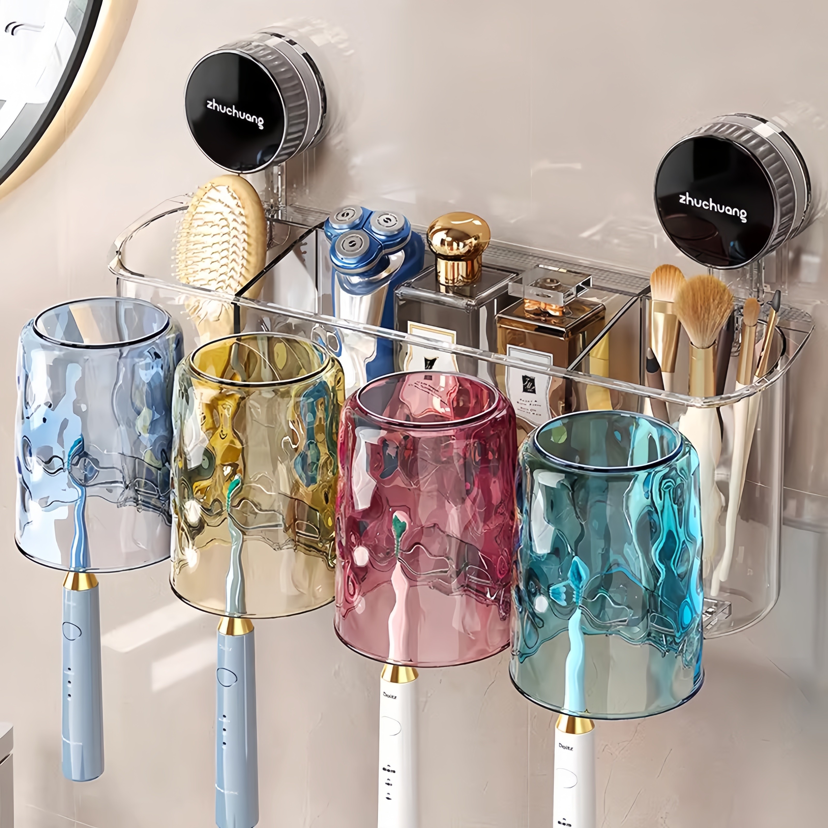 吸盘牙刷置物架免打孔新款倒挂带漱口杯卫生间牙杯牙具一体收纳架