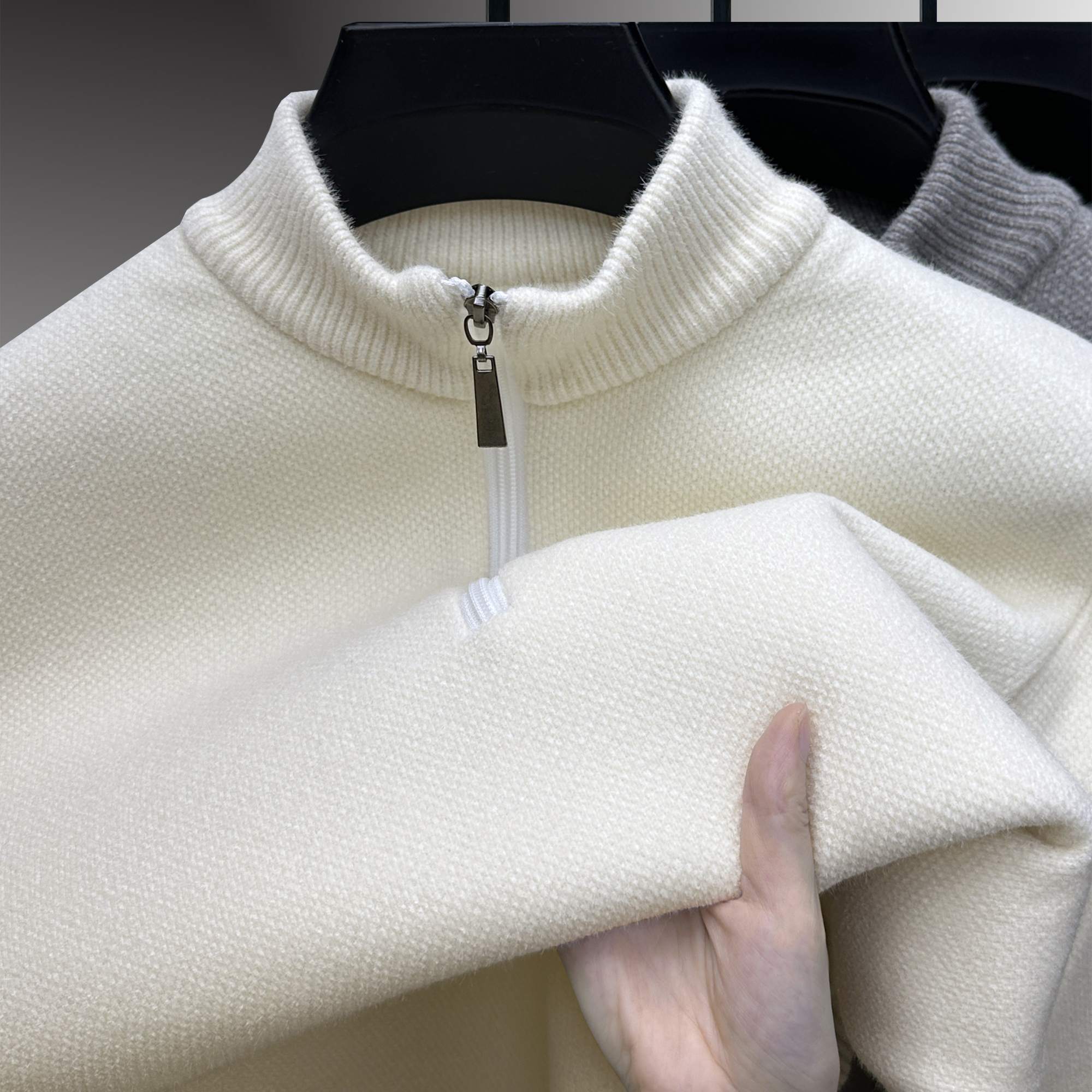 半高领拉链宽松加绒加厚针织衫