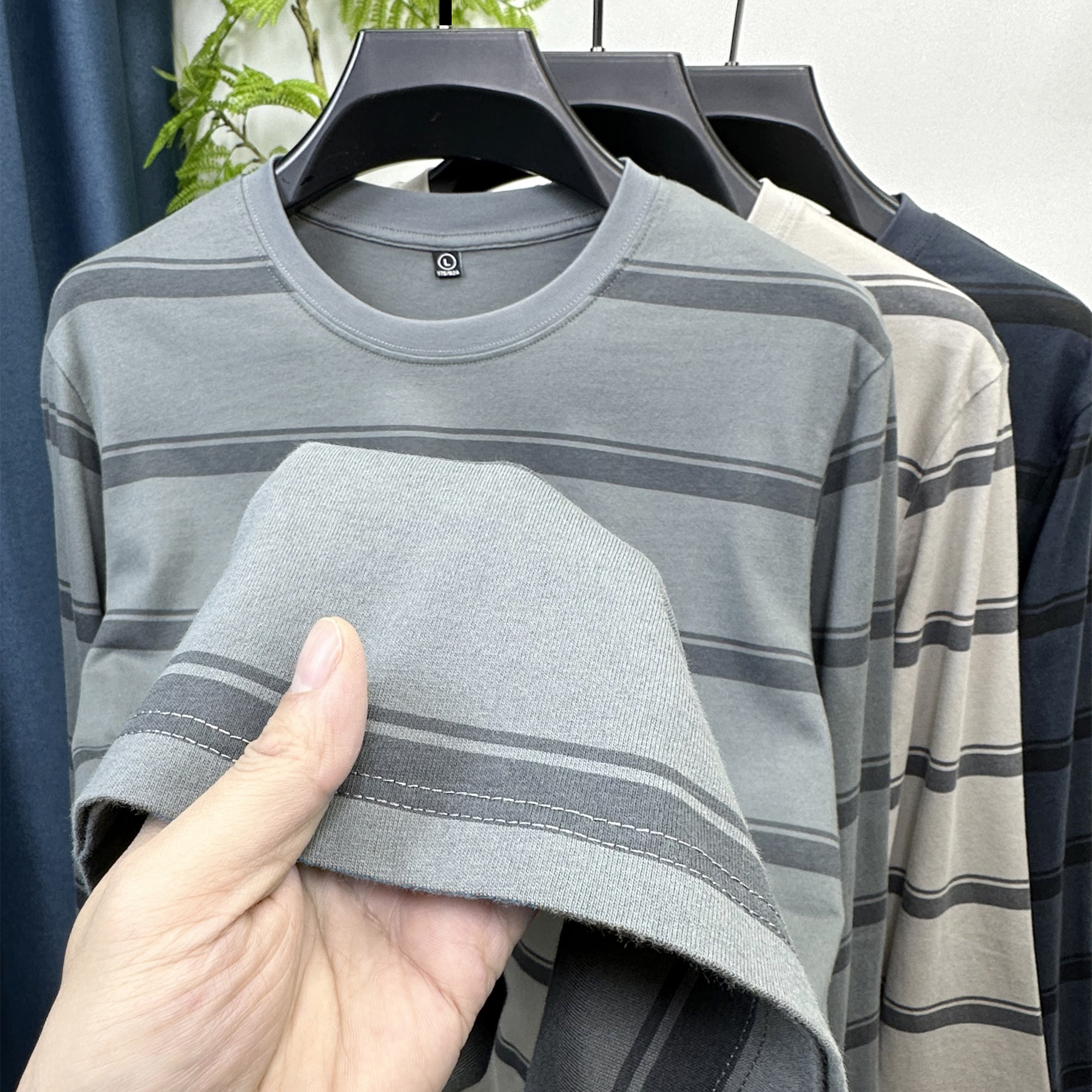 男士长袖条纹T恤纯棉圆领休闲上衣水洗棉中年宽松爸爸装打底衫t恤