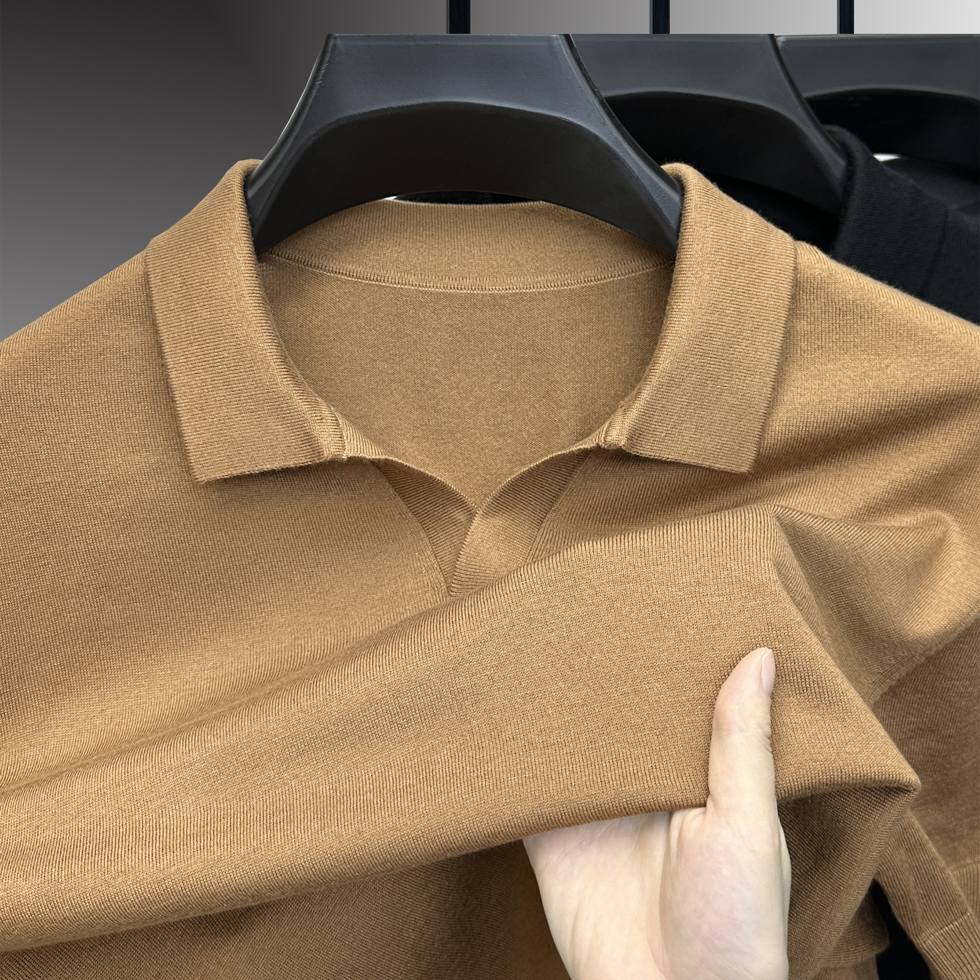 海鸥领短袖男士羊毛针织衫T恤含桑蚕丝翻领毛衣薄款秋冬季内搭男