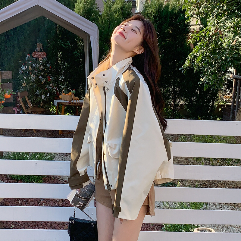 撞色拼接短款工装风衣外