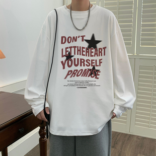 纯棉长袖T恤男2024新款春秋季打底衫上衣青少年美式潮牌男装体恤