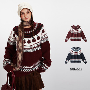 HeyHenry 费尔岛情侣复古圆领毛衣男女秋冬季宽松慵懒套头针织衫