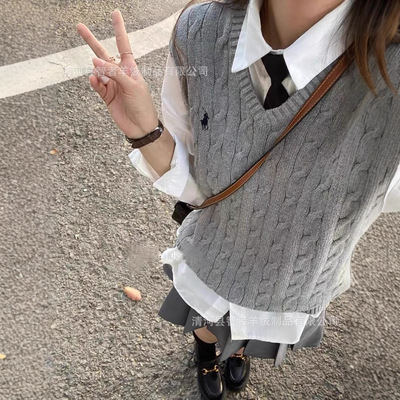 RL拉夫秋季新款女小马刺绣百搭叠穿针织马甲V领休闲毛衣套头背心