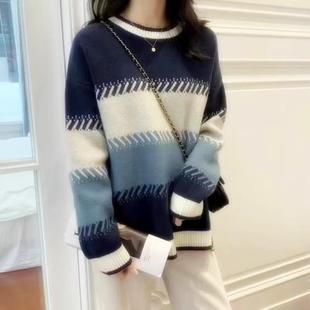 圆领套头针织衫上衣2024秋冬季新款爆款宽松慵懒风洋气毛衣女加厚