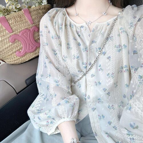 早春小清新碎花长袖衬衫小个子宽松显瘦圆领甜美少女感百搭雪纺衫
