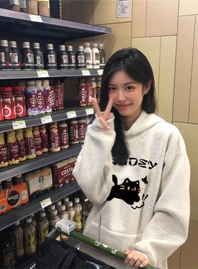 美式复古灰色慵懒风连帽卫衣女2024新款爆款秋冬加绒小众外套上衣