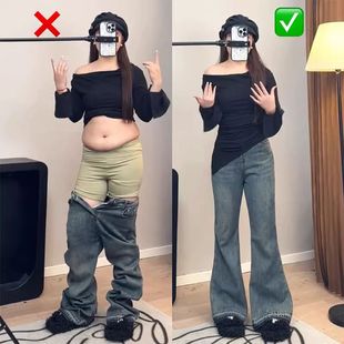 复古蓝微喇牛仔裤女2024夏季新款大码胖mm遮胯显瘦不贴腿喇叭裤子