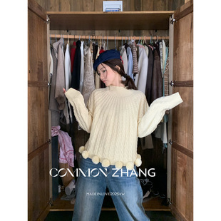 CZ ZHANG秋冬羊毛半高领麻花毛衣女甜美毛球套头休闲针织衫B45045
