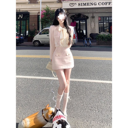 温柔甜美套装女春小香风短外套衬衫高腰短裙感气质名媛两件套