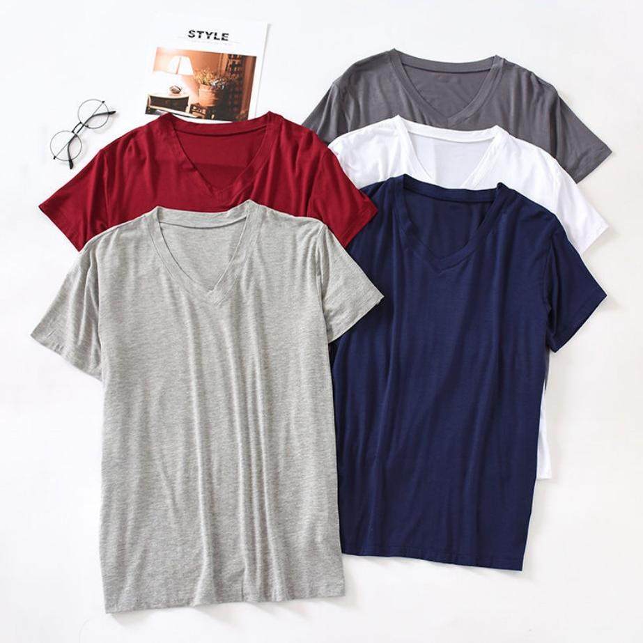 夏季莫代尔男装短袖t恤纯棉修身鸡心V领纯白色半袖冰丝打底衫潮流