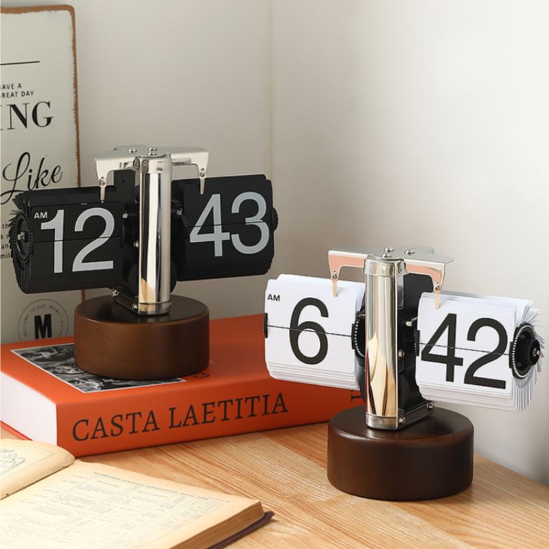 创意机械翻页时钟桌面实木时尚简约摆钟客厅装饰时钟高级数字闹钟