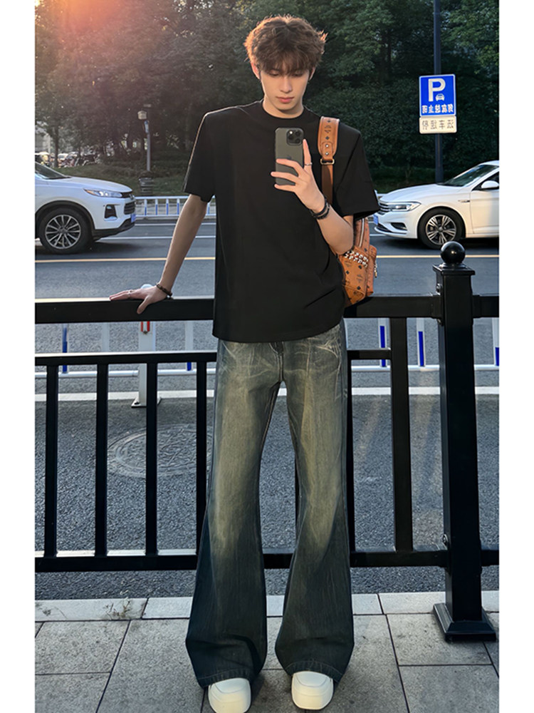 复古深蓝闪电纹牛仔裤男夏季薄款微喇裤子美式高街潮牌痞帅工装裤