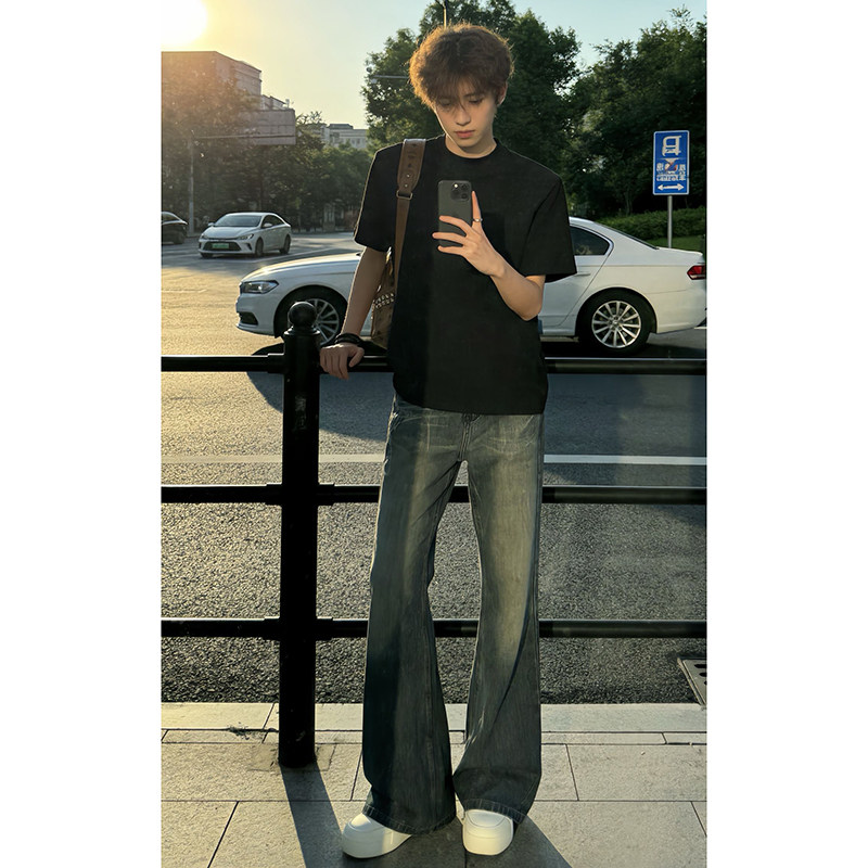 深蓝色闪电纹牛仔裤男款夏季复古裤子美式高街潮牌痞帅炸街微喇裤