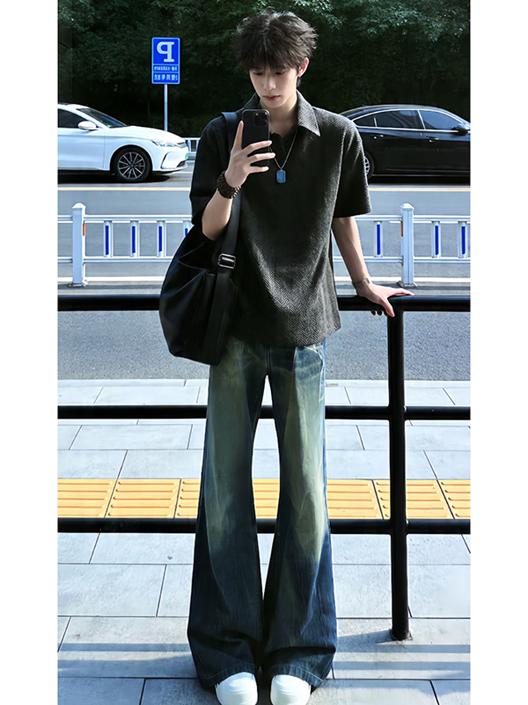 深蓝色复古闪电纹牛仔裤男生秋春款微喇裤子美式高街痞帅风弯刀裤