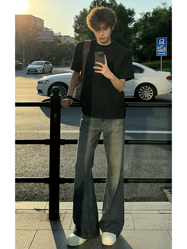 深蓝色闪电纹牛仔裤男款夏季复古裤子美式高街潮牌痞帅炸街微喇裤