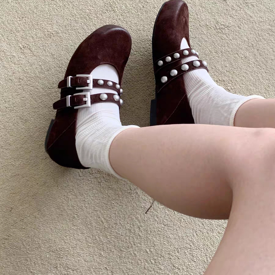 2025秋季新款复古铆钉双扣带浅口玛丽珍鞋女平底真皮芭蕾法式单鞋