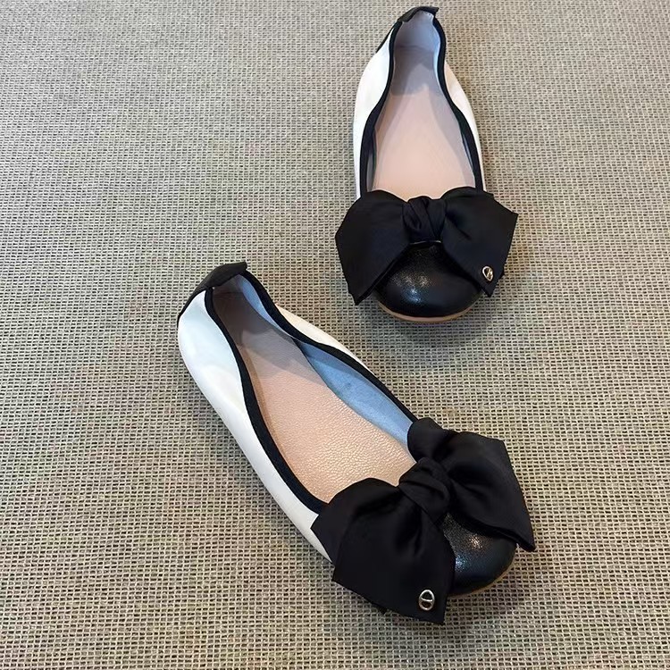 早春新款真皮蝴蝶结平底芭蕾鞋