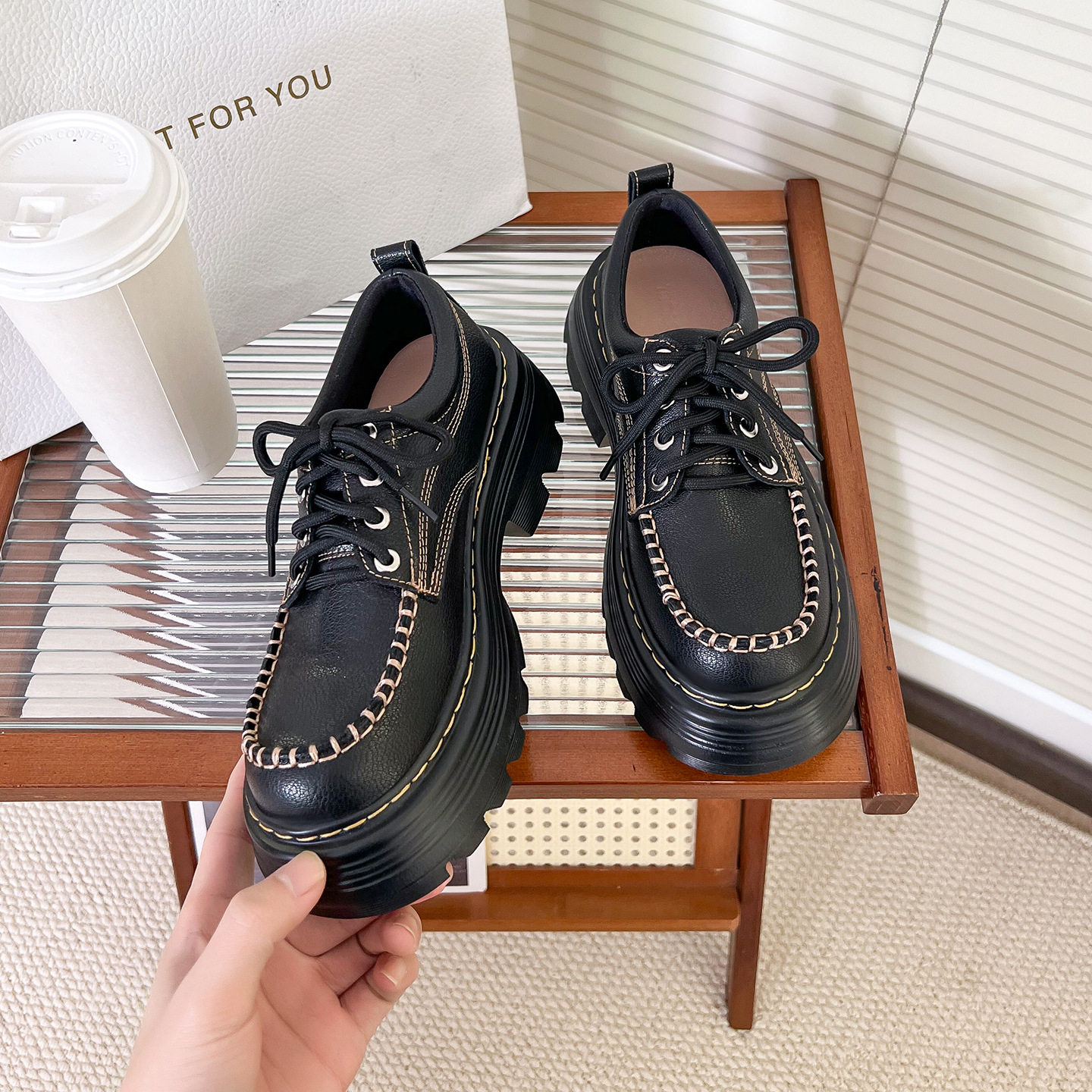 2026早春新款牛皮版英伦风厚底系带乐福鞋女黑色一脚蹬增高小皮鞋,女鞋,乐福鞋（豆豆鞋）,淘宝优惠券,粉丝福利购,淘宝优惠卷