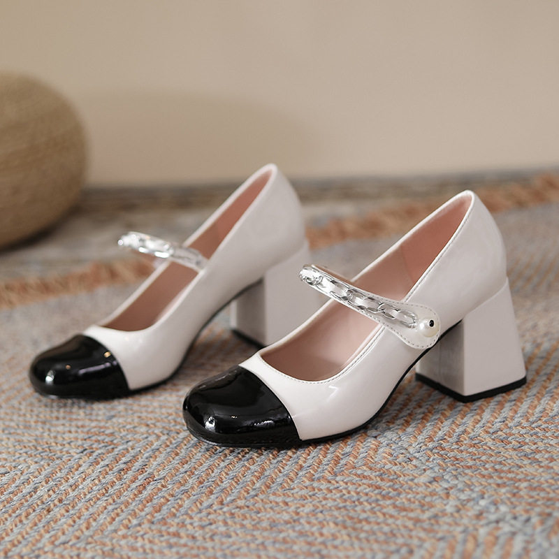 2025春季漆皮拼色玛丽珍鞋女