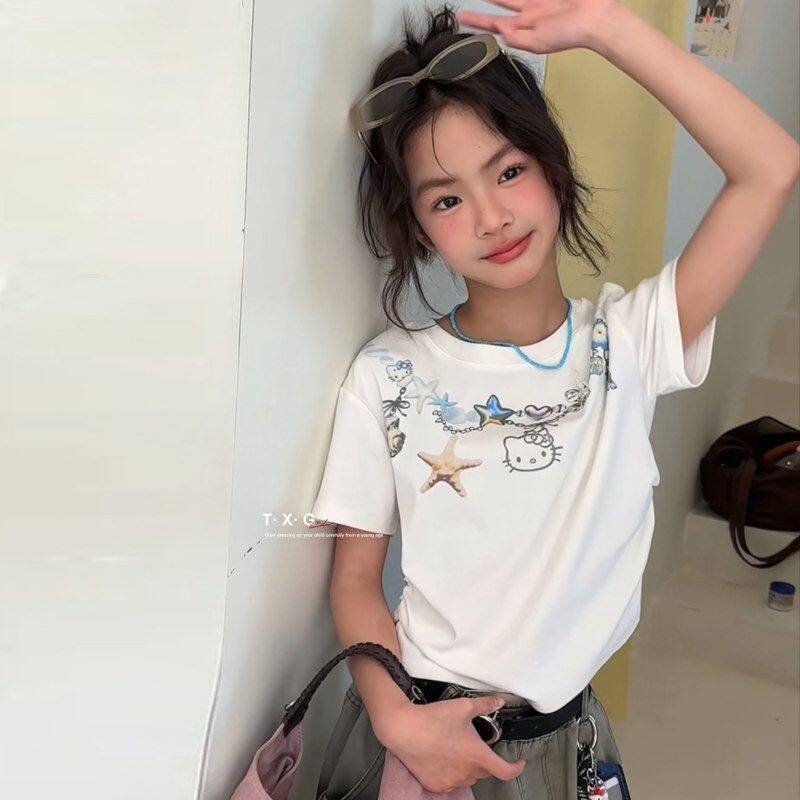 田夕果童装夏季新款女童海星项链短款辣妹短袖T恤工装7分裤子套装