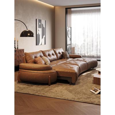 弧形腰果真皮电动伸缩沙发复古风三人位可躺可睡零靠墙大中小户型