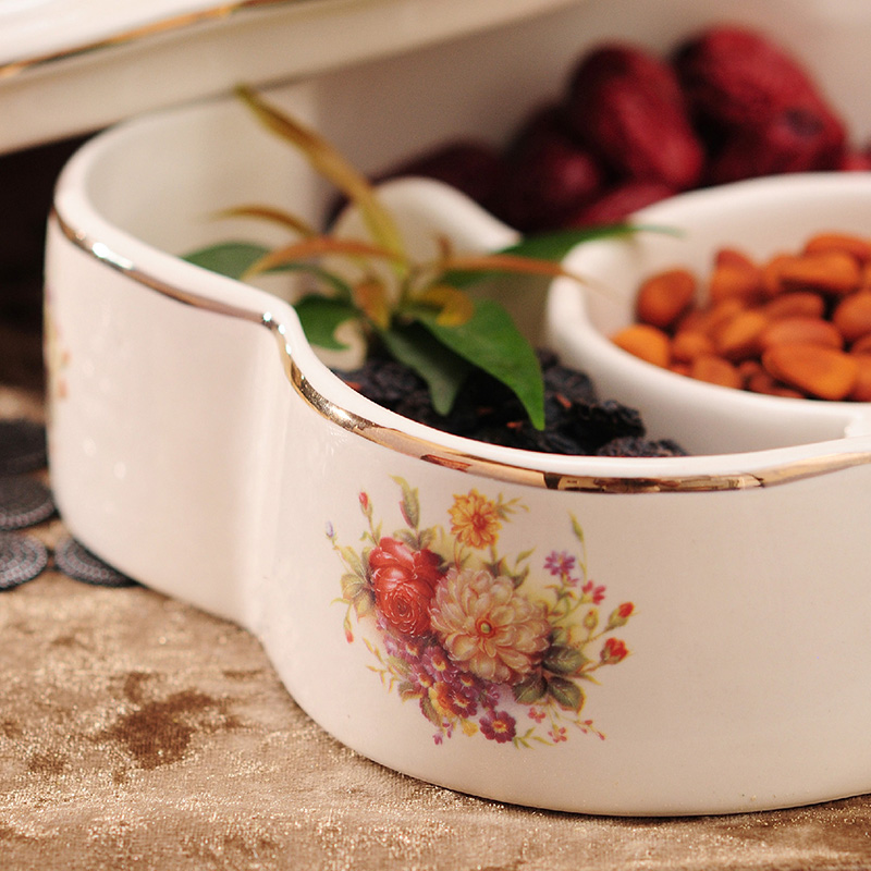 优选干果盘陶瓷点心分隔拼盘水果盘欧式家用客厅收纳零.食糖果花