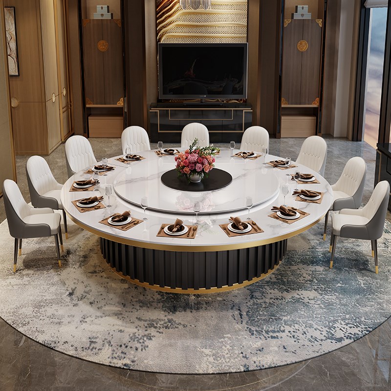 优选酒店轻奢电动餐桌转盘岩板大圆A桌饭店包厢15人20人宴会桌火
