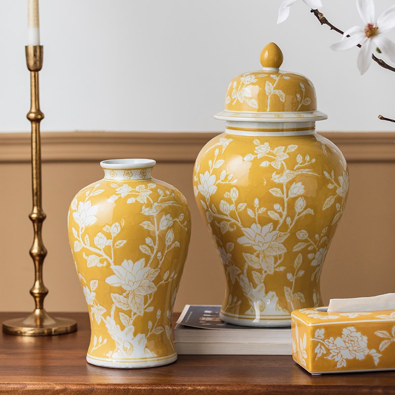 优选黄色陶瓷花瓶青花瓷n客厅花几插花桌面富贵摆件新Z中式家居乔