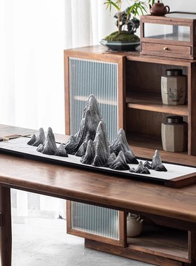 优选新中式创意沙盘枯山水假山造景禅意千里江P山摆件玄关酒柜鱼