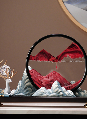 精选迎客松山水流沙画摆件新中式禅D意玄关办公室茶室装饰品沙漏