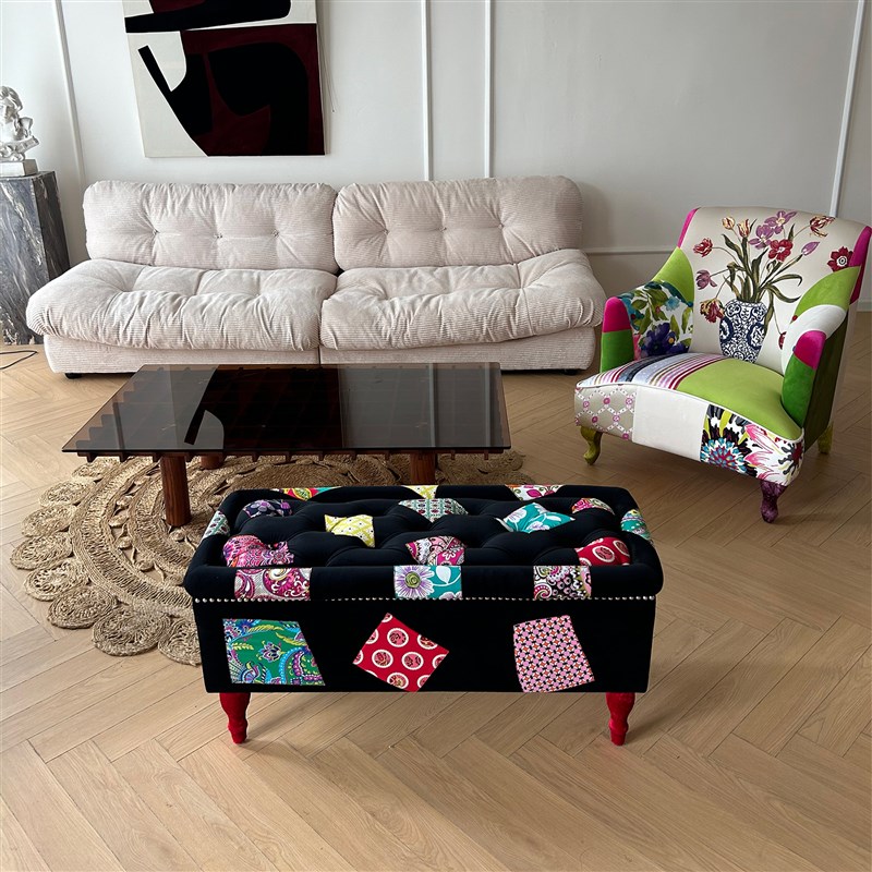 优选盖雅设计师款欧式补丁布艺脚凳创F意鞋柜沙发凳储物换鞋凳黑