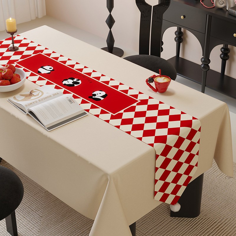 优选中式龙年细腻天鹅绒高质量白绒球桌旗新年中国T红防水防烫台