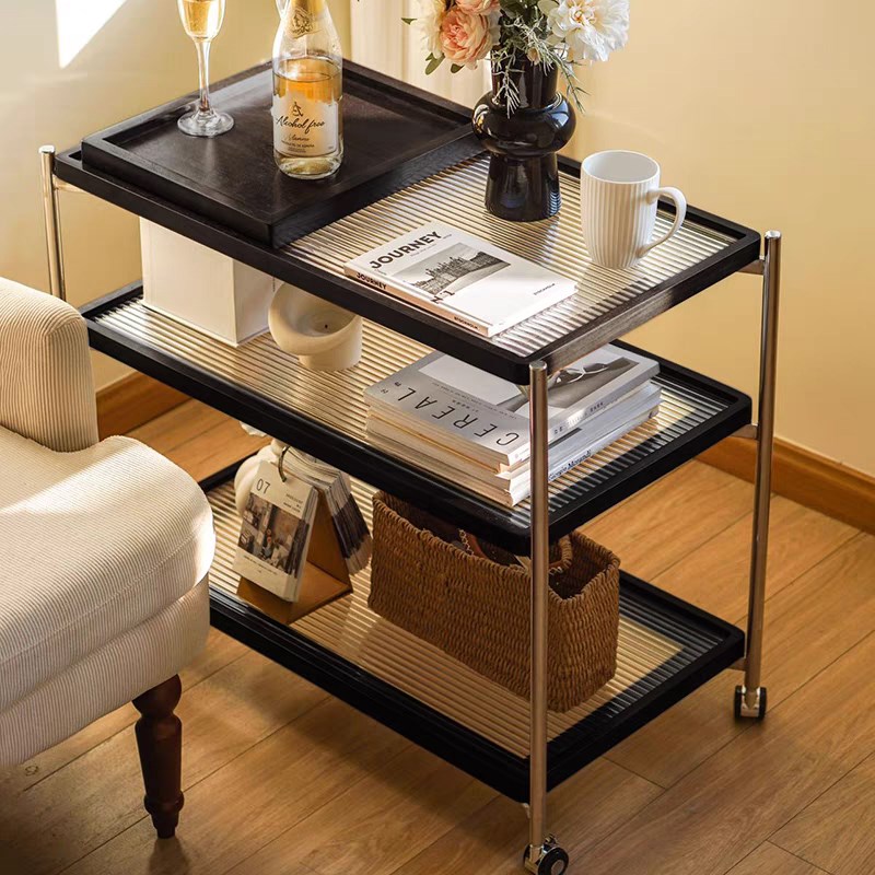 优选中古风实木小推车移动边几小户K型客厅置物架复古玻璃小