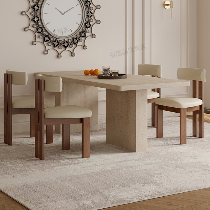优选洞石岩板餐桌椅组合新款家用桌子长方形复古风中古Z风餐厅饭