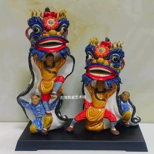 石湾陶瓷黄飞鸿舞狮子功夫摆件
