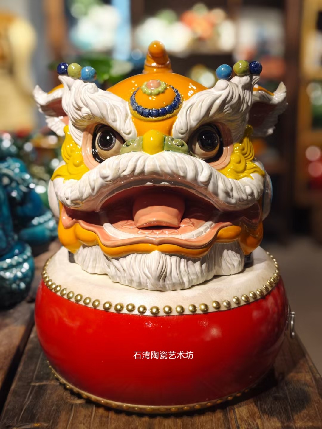 陶瓷醒狮舞狮子打鼓手工摆件送礼