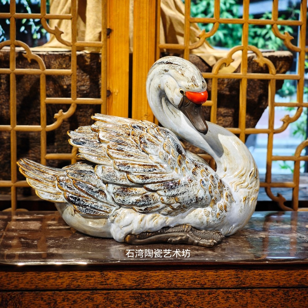 陶瓷动物白天鹅手工精品中式摆件