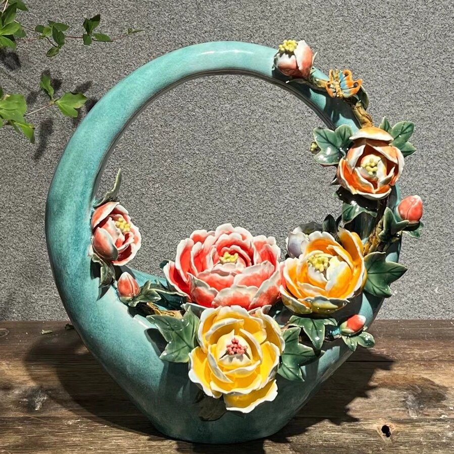 陶瓷竹子牡丹花小鸟手工艺品