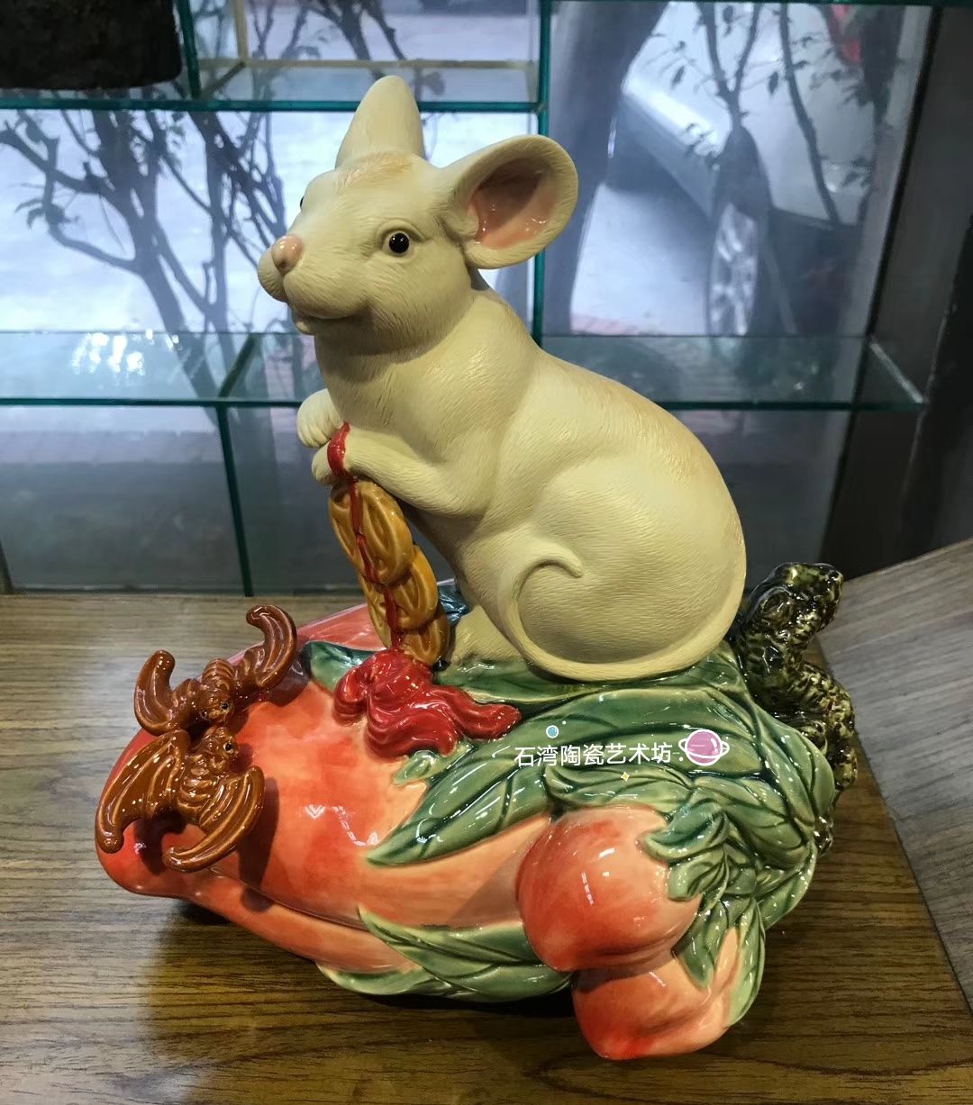 石湾陶瓷十二生肖鼠寿桃元宝摆件 新款家居鼠年生肖特色礼品