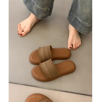羊皮版~复古棕色凉鞋女外穿海边度假编织一字拖民族风厚底凉拖鞋