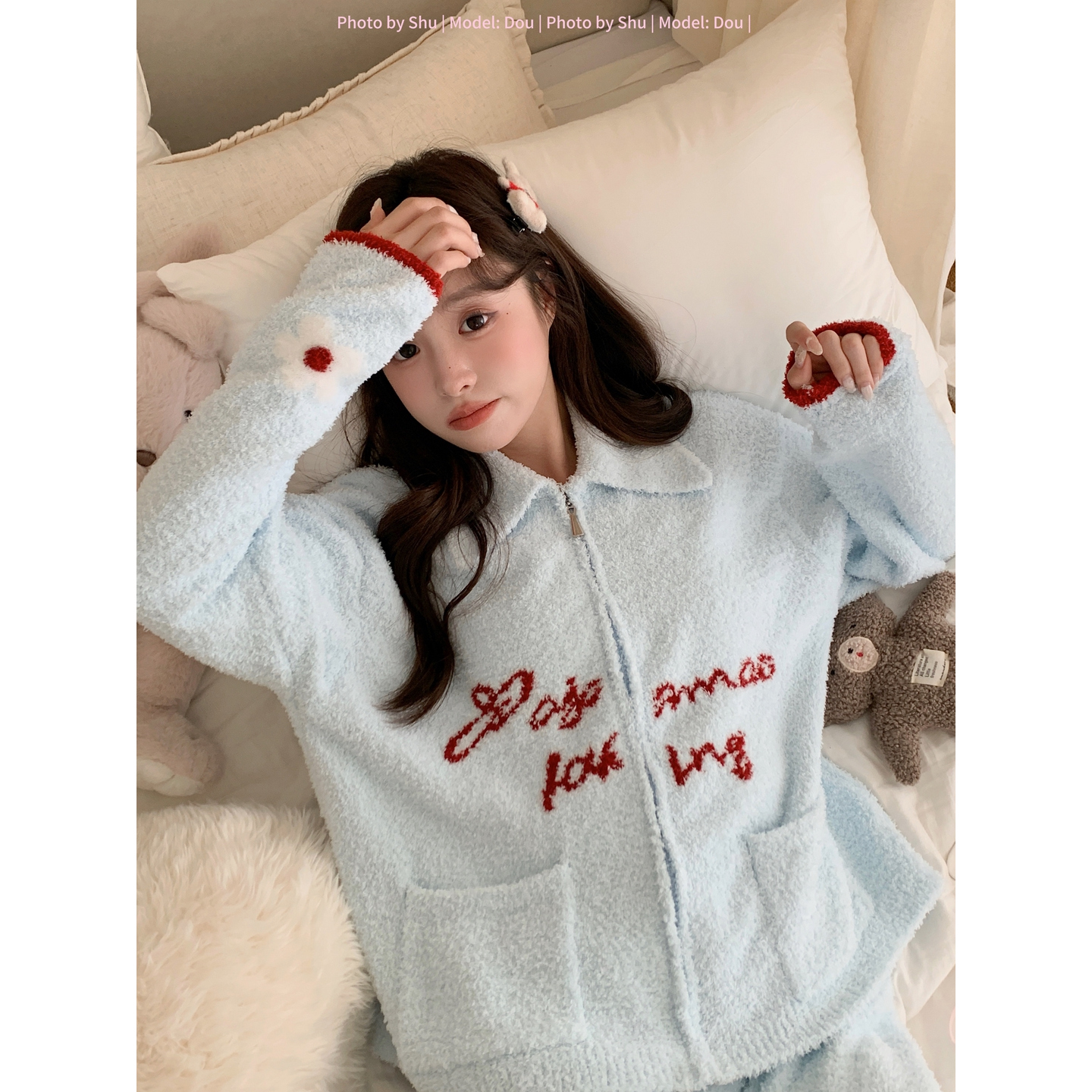 秋冬季半边绒睡衣套装女