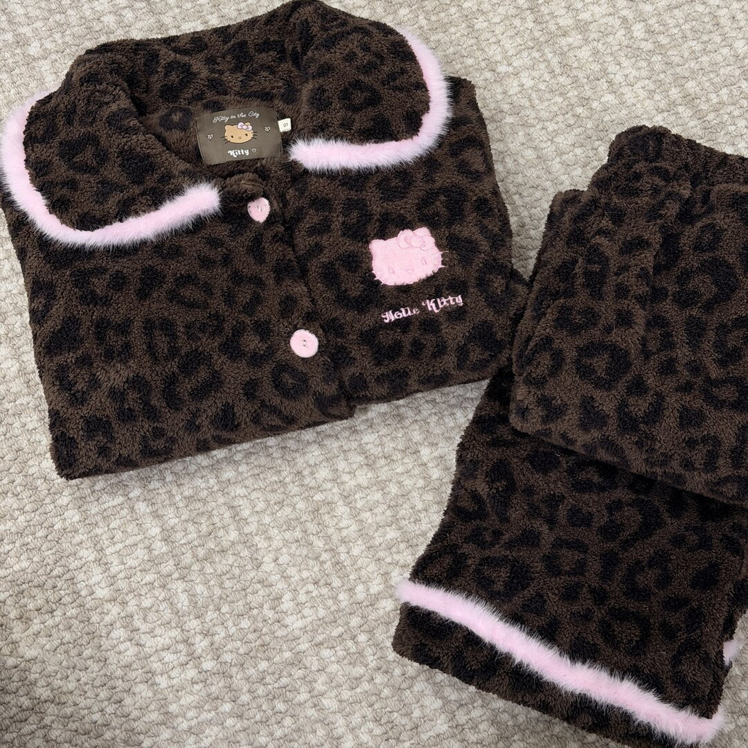 可丽绒豹纹kitty睡衣套装女