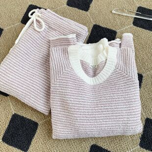 西班牙单 女显白条纹加绒休闲家居服可外穿 软绵绵半边绒睡衣套装